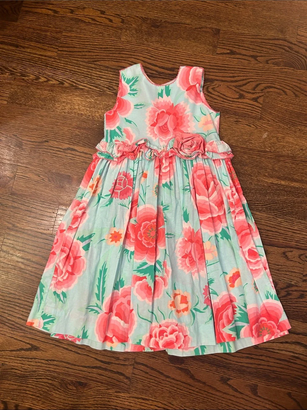 Girl's Coral Floral Sleeveless Party Dress with Mint Base